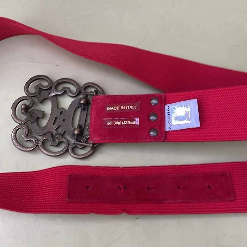 Vintage bright red Dolce & Gabbana stretchy wide belt with large unique buckle